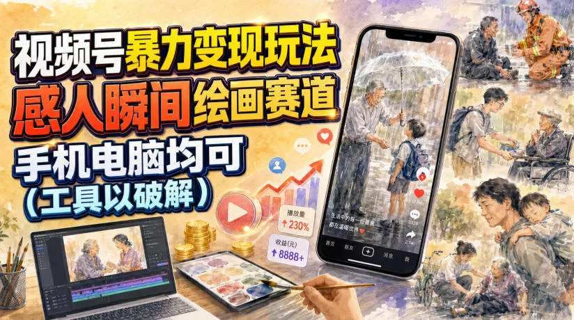 视频号暴力变现玩法，感人瞬间绘画赛道，手机电脑均可 一点学习助手-零基础自学教程-副业项目-兴趣学习-网盘拉新平台-英语启蒙项目资源网