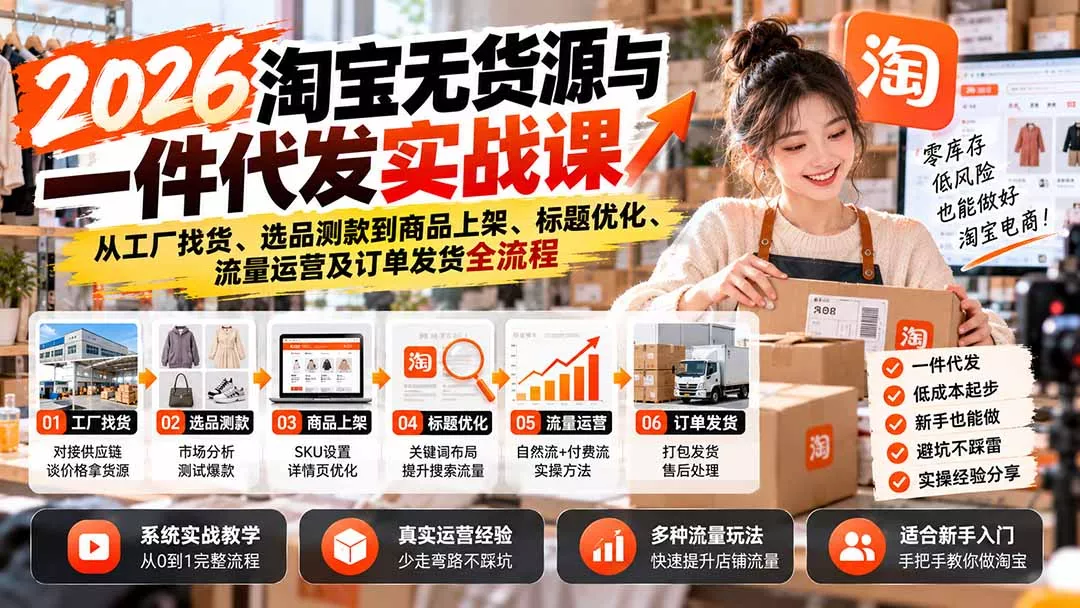 2026淘宝无货源与一件代发实战课：从工厂找货、选品测款到商品上架、标题优化、流量运营及订单发货全流程 一点学习助手-零基础自学教程-副业项目-兴趣学习-网盘拉新平台-英语启蒙项目资源网