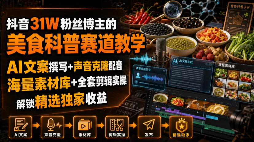 抖音31W粉丝博主的美食科普赛道教学，AI文案撰写+声音克隆配音+剪辑实操，解锁精选独家收益 一点学习助手-零基础自学教程-副业项目-兴趣学习-网盘拉新平台-英语启蒙项目资源网