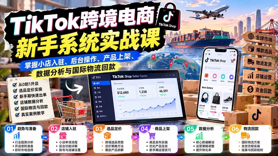 TikTok跨境电商新手系统实战课：掌握小店入驻、后台操作、产品上架、数据分析与国际物流回款 一点学习助手-零基础自学教程-副业项目-兴趣学习-网盘拉新平台-英语启蒙项目资源网