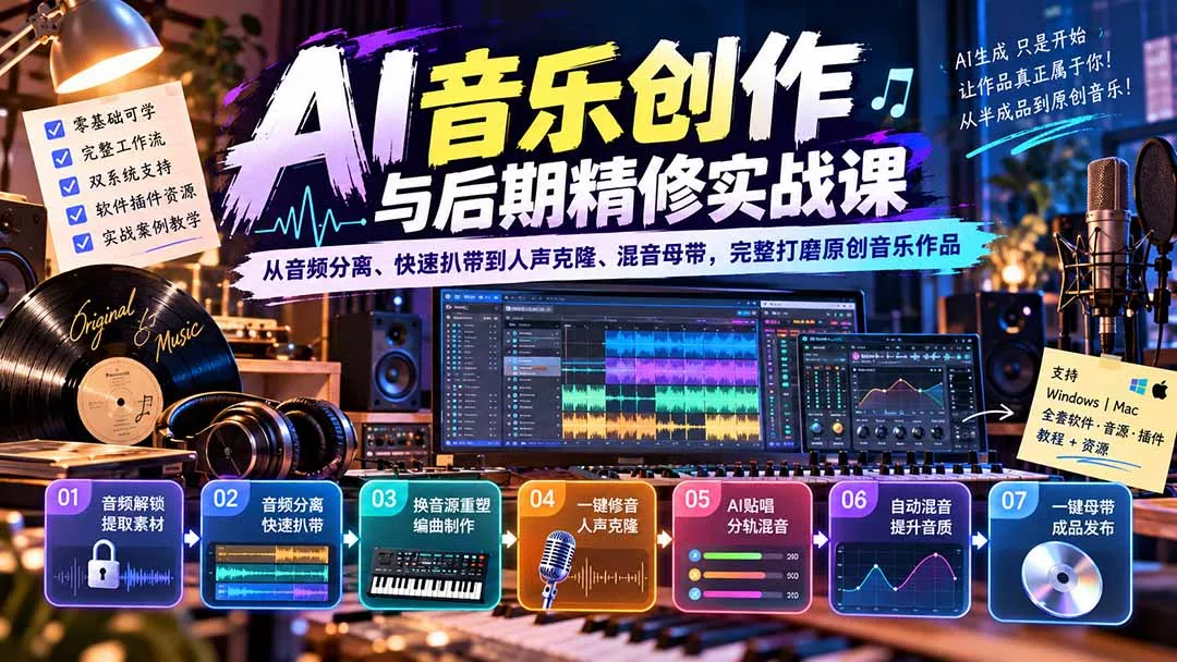 AI音乐创作与后期精修实战课：从音频分离、快速扒带到人声克隆、混音母带，完整打磨原创音乐作品