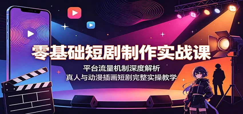 零基础短剧制作实战课：平台流量机制深度解析，真人与动漫插画短剧完整实操教学 一点学习助手-零基础自学教程-副业项目-兴趣学习-网盘拉新平台-英语启蒙项目资源网