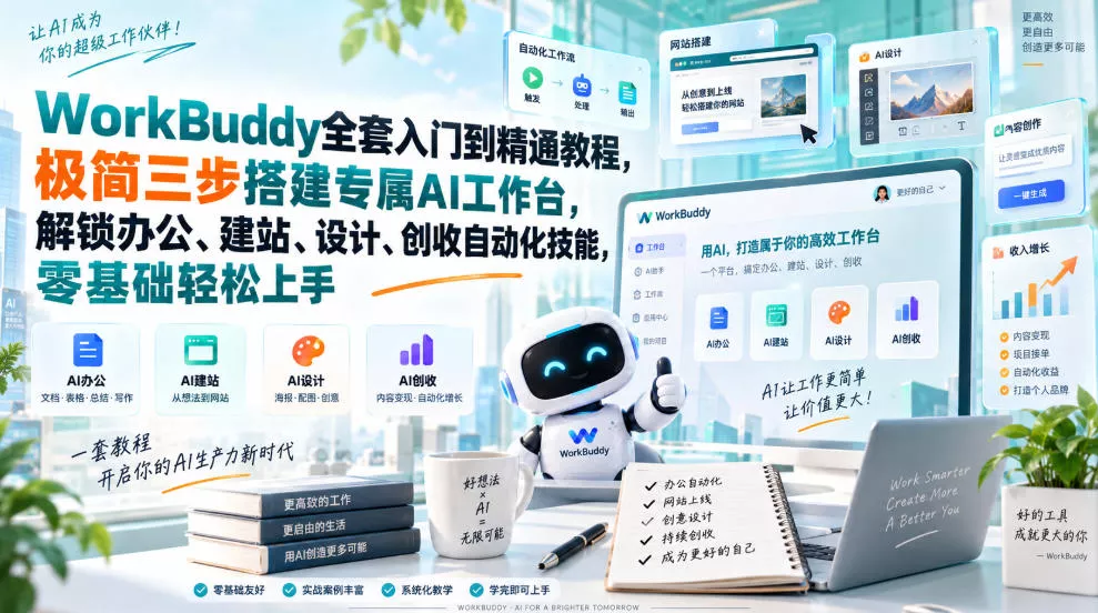 WorkBuddy全套入门到精通教程，极简三步搭建专属AI工作台，解锁办公、建站、设计、创收自动化技能，零基础轻松上手 一点学习助手-零基础自学教程-副业项目-兴趣学习-网盘拉新平台-英语启蒙项目资源网