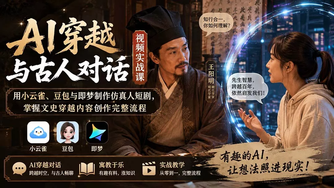 AI穿越与古人对话视频实战课：用小云雀、豆包与即梦制作仿真人短剧，掌握文史穿越内容创作完整流程 一点学习助手-零基础自学教程-副业项目-兴趣学习-网盘拉新平台-英语启蒙项目资源网
