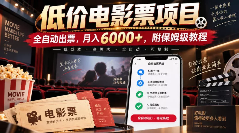低价电影票项目，全自动出票，月入6000+，附保姆级教程【揭秘】 一点学习助手-零基础自学教程-副业项目-兴趣学习-网盘拉新平台-英语启蒙项目资源网