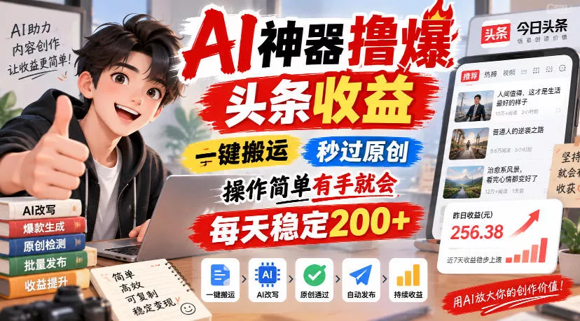 AI神器撸爆头条收益，一键搬运，秒过原创，操作简单有手就会，每天稳定200+【揭秘】 一点学习助手-零基础自学教程-副业项目-兴趣学习-网盘拉新平台-英语启蒙项目资源网