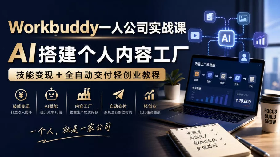 Workbuddy一人公司实战课，AI搭建个人内容工厂，技能变现+全自动交付轻创业教程 一点学习助手-零基础自学教程-副业项目-兴趣学习-网盘拉新平台-英语启蒙项目资源网