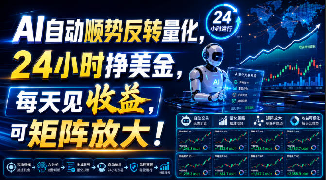 AI自动顺势反转量化，24小时挣美金，每天见收益，可矩阵放大！【揭秘】 一点学习助手-零基础自学教程-副业项目-兴趣学习-网盘拉新平台-英语启蒙项目资源网
