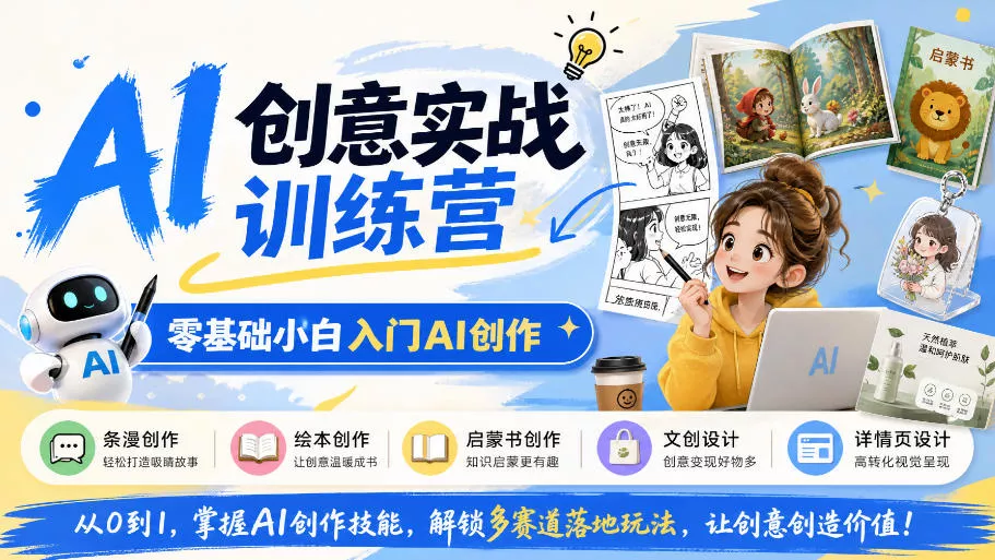 AI创意实战训练营，零基础小白入门AI创作，解锁条漫、绘本、启蒙书、文创、详情页多赛道落地玩法 一点学习助手-零基础自学教程-副业项目-兴趣学习-网盘拉新平台-英语启蒙项目资源网
