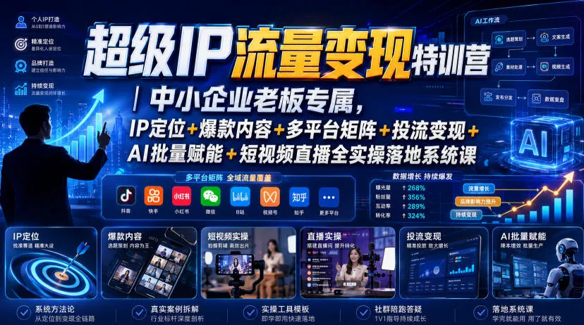 超级IP流量变现特训营｜中小企业老板专属，IP定位+爆款内容+多平台矩阵+投流变现+AI批量赋能+短视频直播全实操落地系统课 一点学习助手-零基础自学教程-副业项目-兴趣学习-网盘拉新平台-英语启蒙项目资源网