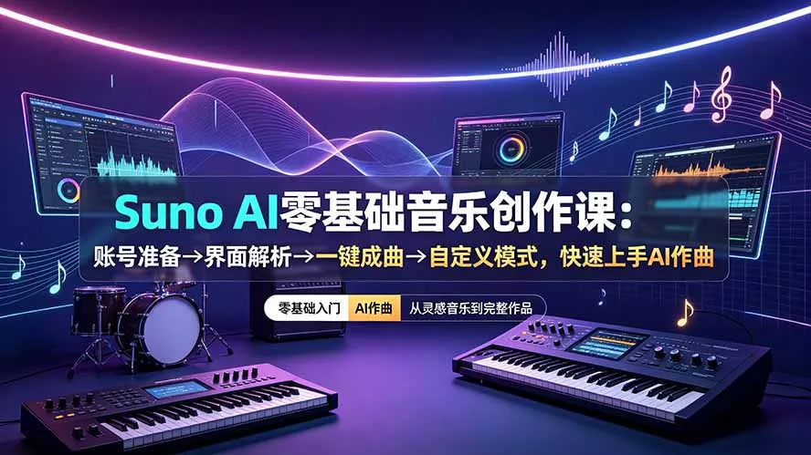 Suno AI零基础音乐创作课：账号准备→界面解析→一键成曲→自定义模式，快速上手AI作曲 一点学习助手-零基础自学教程-副业项目-兴趣学习-网盘拉新平台-英语启蒙项目资源网