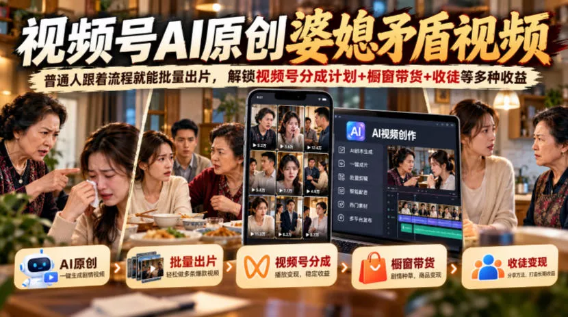 视频号ai原创婆媳矛盾视频，普通人跟着流程就能批量出片，解锁视频号分成计划+橱窗带货+收徒等多种收益 一点学习助手-零基础自学教程-副业项目-兴趣学习-网盘拉新平台-英语启蒙项目资源网