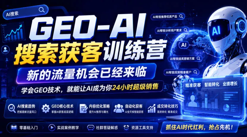 GEO-AI搜索获客训练营，新的流量机会已经来临，学会GEO技术，就能让AI成为你24小时超级销售(更新0919) 一点学习助手-零基础自学教程-副业项目-兴趣学习-网盘拉新平台-英语启蒙项目资源网