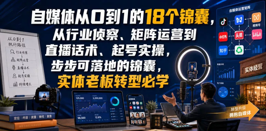 自媒体从0到1的18个锦囊，从行业侦察、矩阵运营到直播话术、起号实操，步步可落地的锦囊，实体老板转型必学 一点学习助手-零基础自学教程-副业项目-兴趣学习-网盘拉新平台-英语启蒙项目资源网