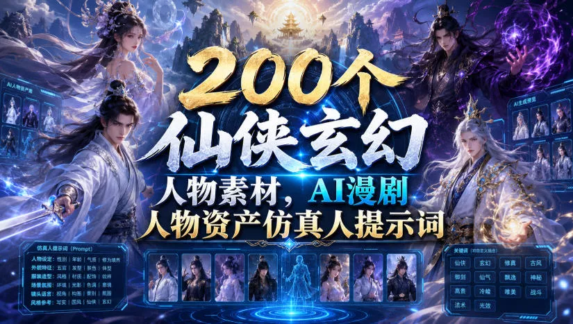 200个仙侠玄幻人物素材，AI漫剧人物资产仿真人提示词 一点学习助手-零基础自学教程-副业项目-兴趣学习-网盘拉新平台-英语启蒙项目资源网