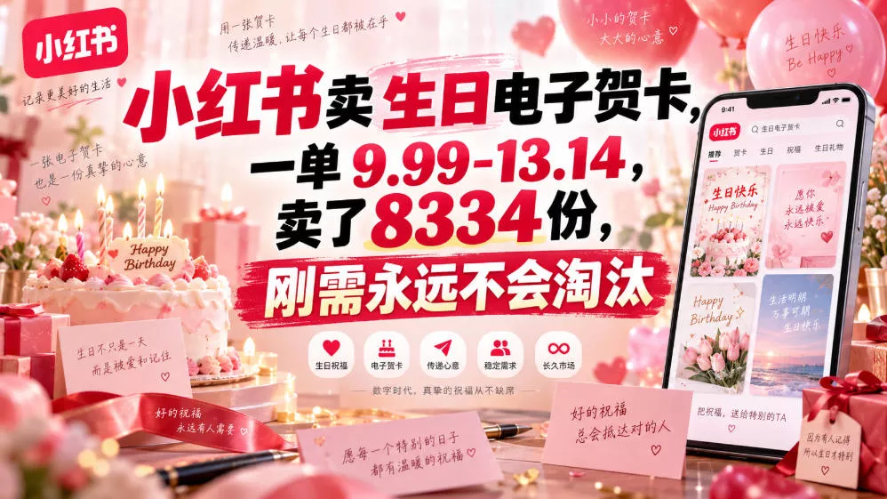 小红书卖生日电子贺卡，一单9.99-13.14，卖了8334份，刚需永远不会淘汰 一点学习助手-零基础自学教程-副业项目-兴趣学习-网盘拉新平台-英语启蒙项目资源网
