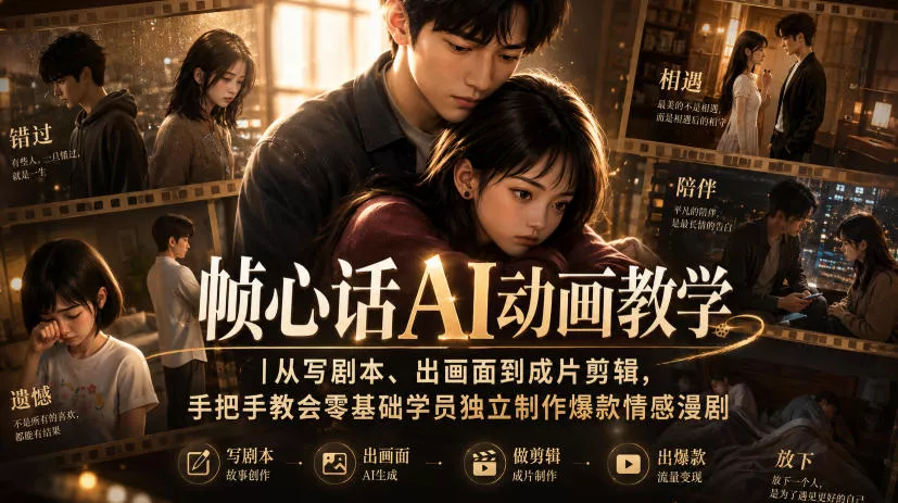 帧心话AI动画教学｜从写剧本、出画面到成片剪辑，手把手教会零基础学员独立制作爆款情感漫剧 一点学习助手-零基础自学教程-副业项目-兴趣学习-网盘拉新平台-英语启蒙项目资源网