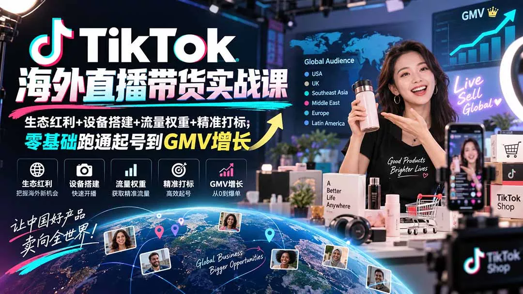 TikTok海外直播带货实战课｜生态红利+设备搭建+流量权重+精准打标，零基础跑通起号到GMV增长 一点学习助手-零基础自学教程-副业项目-兴趣学习-网盘拉新平台-英语启蒙项目资源网