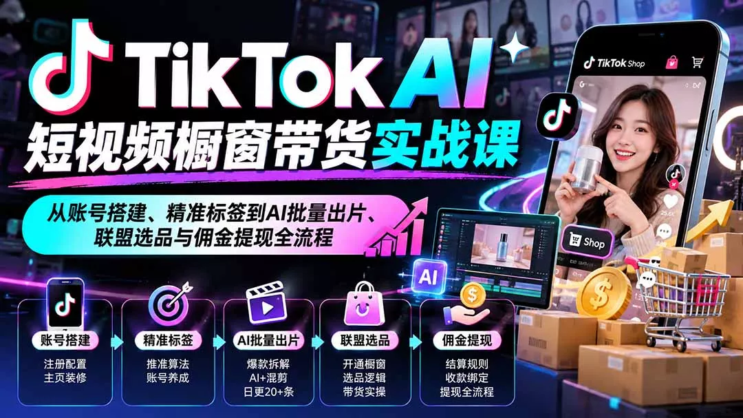TikTok AI短视频橱窗带货实战课：从账号搭建、精准标签到AI批量出片、联盟选品与佣金提现全流程