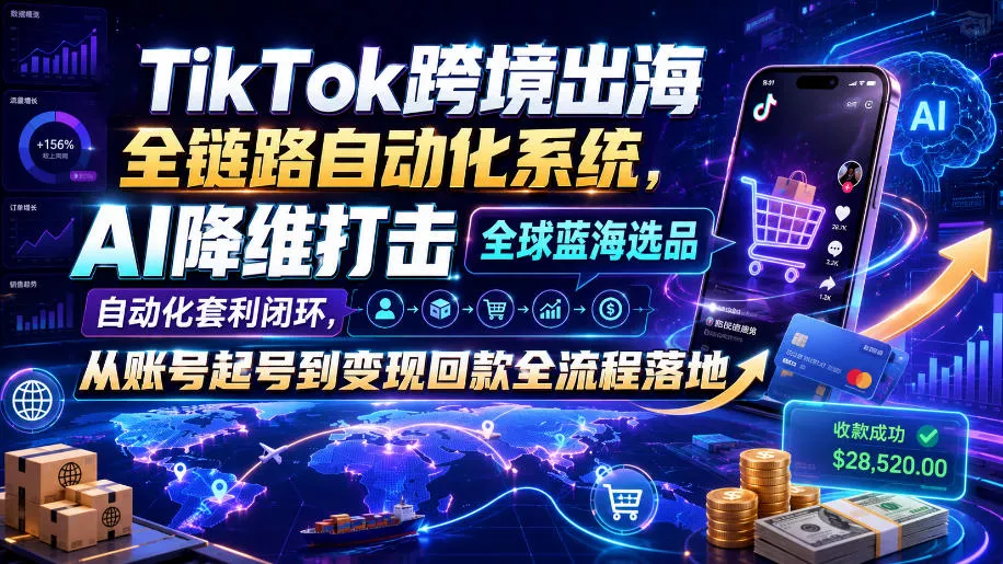 TikTok跨境出海全链路自动化系统，AI降维打击全球蓝海选品自动化套利闭环，从账号起号到变现回款全流程落地(2026年7月) 一点学习助手-零基础自学教程-副业项目-兴趣学习-网盘拉新平台-英语启蒙项目资源网