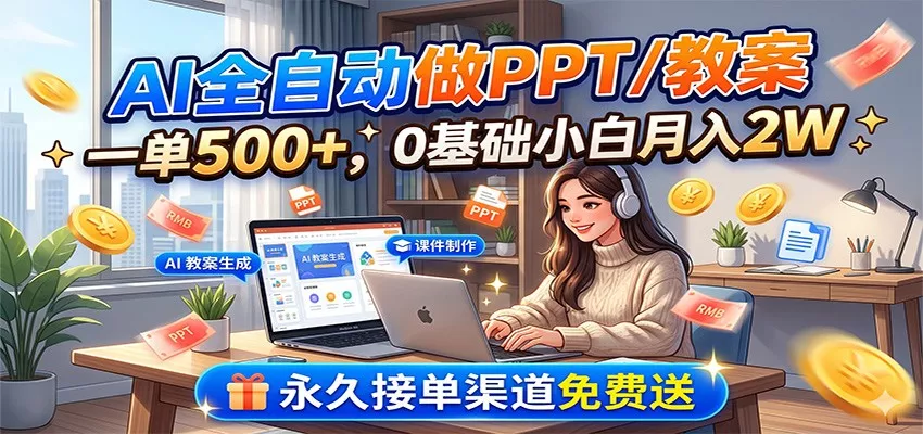 AI全自动做PPT/教案，一单500+，0基础小白月入2W，永久接单渠道免费送 一点学习助手-零基础自学教程-副业项目-兴趣学习-网盘拉新平台-英语启蒙项目资源网