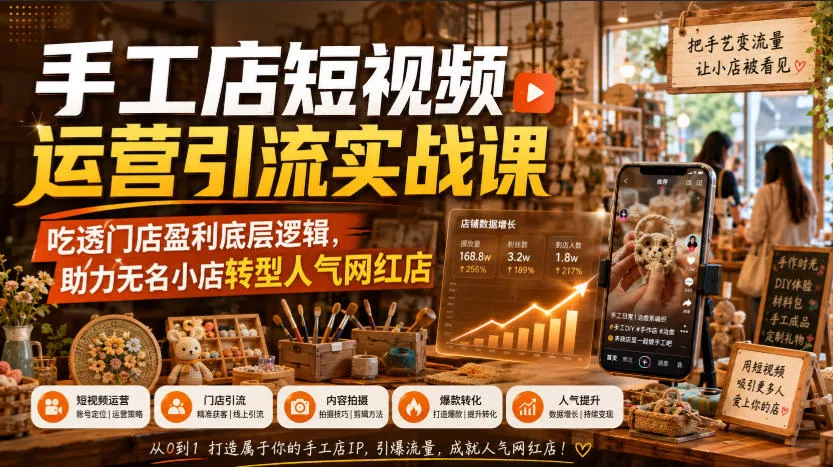 手工店短视频运营引流实战课，吃透门店盈利底层逻辑，助力无名小店转型人气网红店 一点学习助手-零基础自学教程-副业项目-兴趣学习-网盘拉新平台-英语启蒙项目资源网