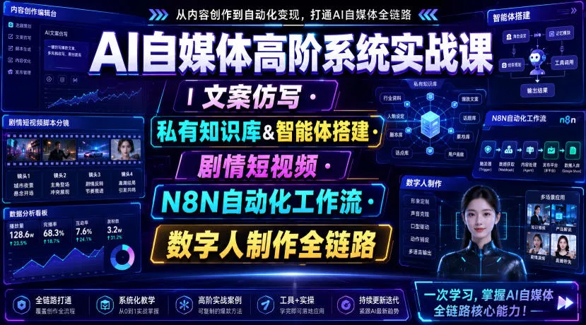 AI自媒体高阶系统实战课｜文案仿写・私有知识库&智能体搭建・剧情短视频・N8N自动化工作流・数字人制作全链路 一点学习助手-零基础自学教程-副业项目-兴趣学习-网盘拉新平台-英语启蒙项目资源网