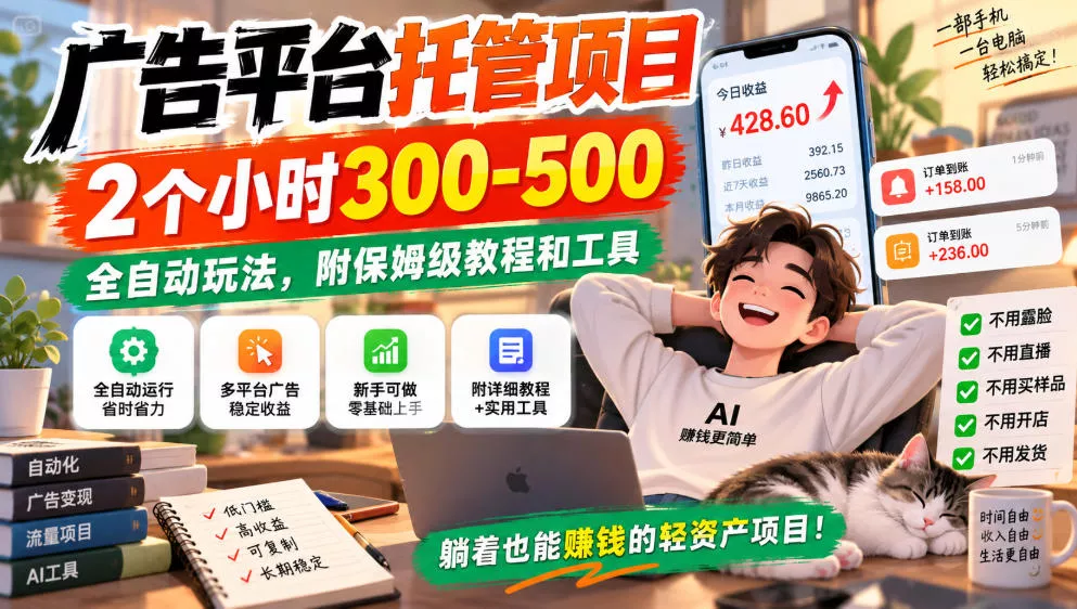 广告平台托管项目，2个小时300-500，全自动玩法，附保姆级教程和工具，小白照着就能做【揭秘】 一点学习助手-零基础自学教程-副业项目-兴趣学习-网盘拉新平台-英语启蒙项目资源网