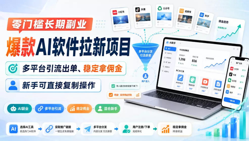 零门槛长期副业，爆款AI软件拉新项目，多平台引流出单、稳定拿佣金，新手可直接复制操作 一点学习助手-零基础自学教程-副业项目-兴趣学习-网盘拉新平台-英语启蒙项目资源网