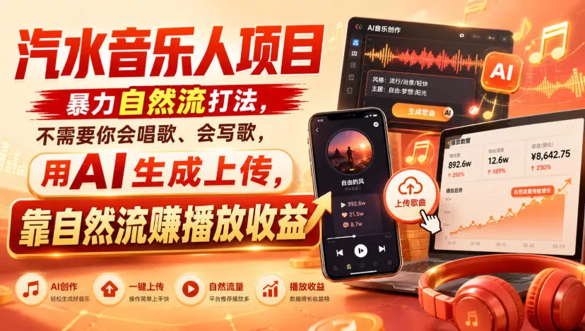 汽水音乐人项目，暴力自然流打法，不需要你会唱歌、会写歌，用AI生成上传，靠自然流賺播放收益 一点学习助手-零基础自学教程-副业项目-兴趣学习-网盘拉新平台-英语启蒙项目资源网