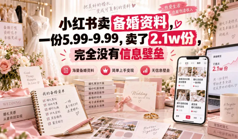 小红书卖备婚资料，一份5.99-9.99，卖了2.1w份，完全没有信息壁垒 一点学习助手-零基础自学教程-副业项目-兴趣学习-网盘拉新平台-英语启蒙项目资源网