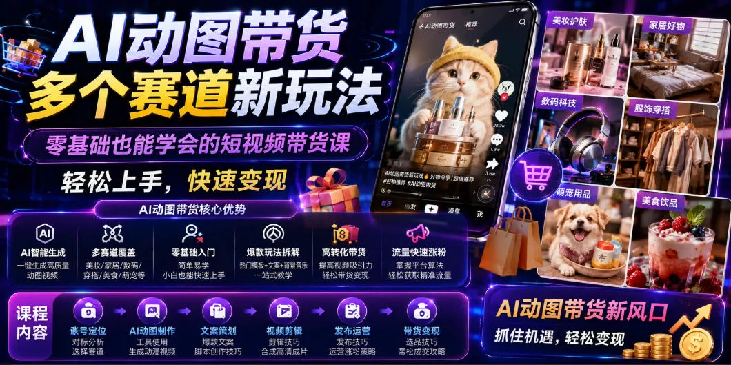 AI动图带货多个赛道新玩法，零基础也能学会的短视频带货课，轻松上手，快速变现 一点学习助手-零基础自学教程-副业项目-兴趣学习-网盘拉新平台-英语启蒙项目资源网