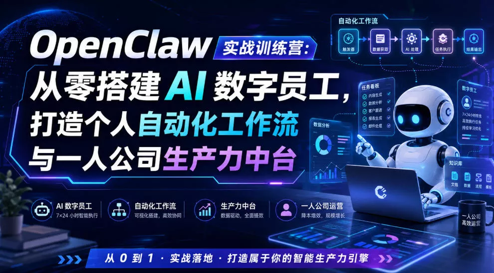 OpenClaw实战训练营：从零搭建AI数字员工，打造个人自动化工作流与一人公司生产力中台 一点学习助手-零基础自学教程-副业项目-兴趣学习-网盘拉新平台-英语启蒙项目资源网