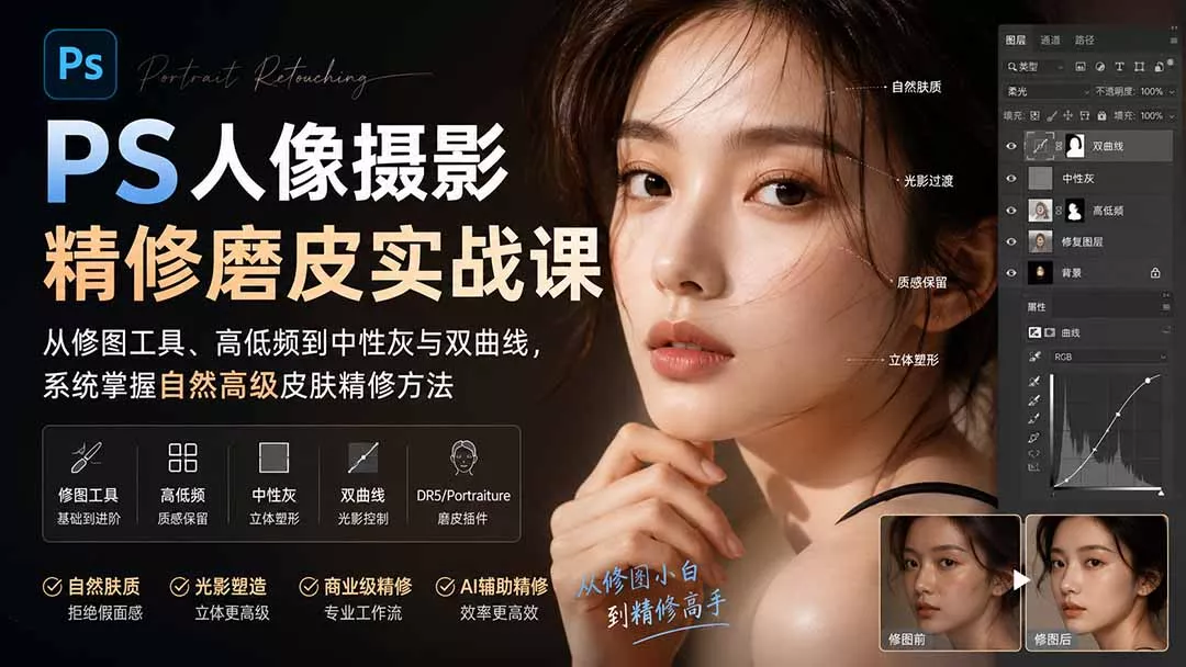 PS人像摄影精修磨皮实战课：从修图工具、高低频到中性灰与双曲线，系统掌握自然高级皮肤精修方法 一点学习助手-零基础自学教程-副业项目-兴趣学习-网盘拉新平台-英语启蒙项目资源网