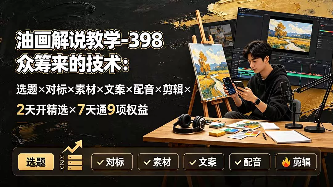 油画解说教学-398众筹来的技术：选题×对标×素材×文案×配音×剪辑×2天开精选×7天通9项权益 一点学习助手-零基础自学教程-副业项目-兴趣学习-网盘拉新平台-英语启蒙项目资源网