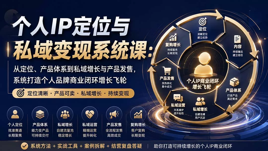 个人IP定位与私域变现系统课：从定位、产品体系到私域增长与产品发售，系统打造个人品牌商业闭环增长飞轮 一点学习助手-零基础自学教程-副业项目-兴趣学习-网盘拉新平台-英语启蒙项目资源网