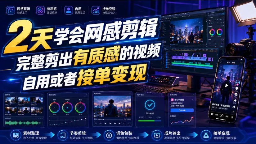 2天学会网感剪辑，完整剪出有质感的视频，自用或者接单变现 一点学习助手-零基础自学教程-副业项目-兴趣学习-网盘拉新平台-英语启蒙项目资源网
