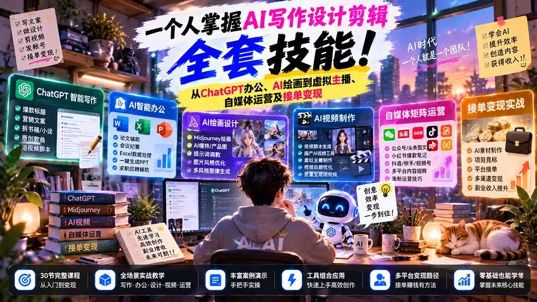 一个人掌握AI写作设计剪辑全套技能：从ChatGPT办公、AI绘画到虚拟主播、自媒体运营及接单变现 一点学习助手-零基础自学教程-副业项目-兴趣学习-网盘拉新平台-英语启蒙项目资源网