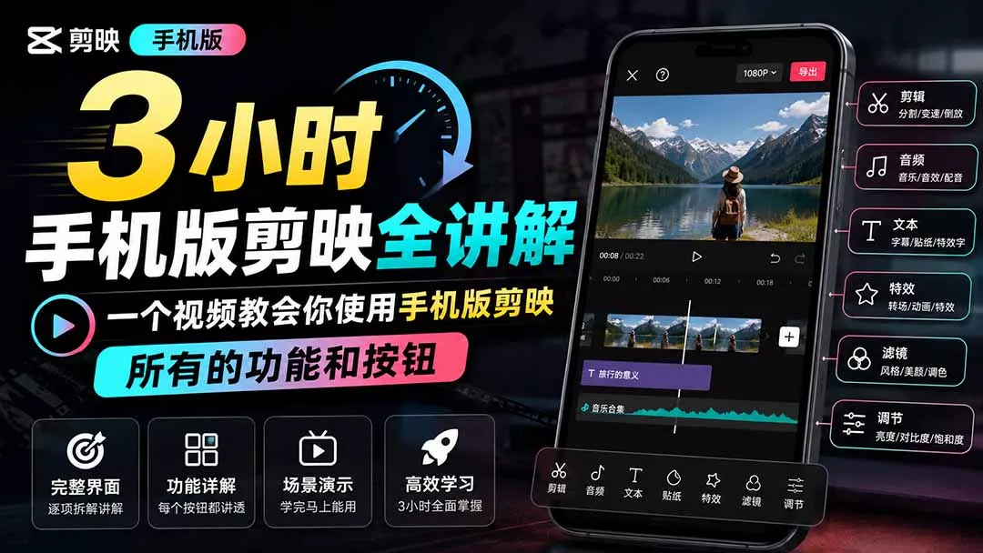 3小时手机版剪映全讲解，一个视频教会你使用手机版剪映，所有的功能和按钮 一点学习助手-零基础自学教程-副业项目-兴趣学习-网盘拉新平台-英语启蒙项目资源网