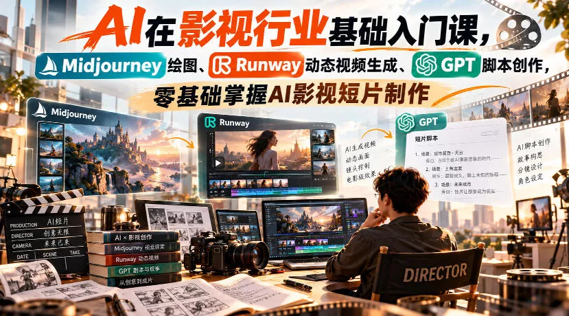 【无水印】AI在影视行业基础入门课，Midjourney绘图、Runway动态视频生成、GPT脚本创作，零基础掌握AI影视短片制作 一点学习助手-零基础自学教程-副业项目-兴趣学习-网盘拉新平台-英语启蒙项目资源网