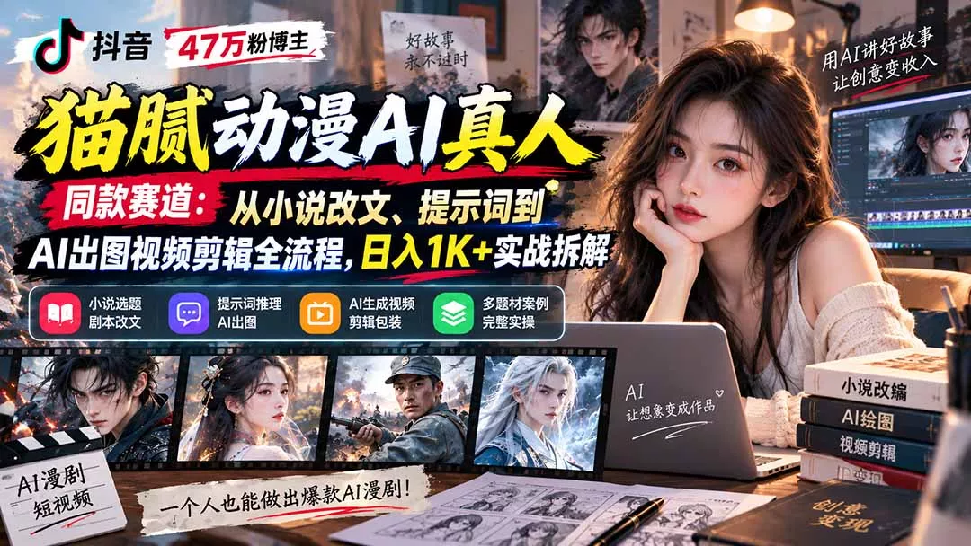 抖音47万粉博主猫腻动漫AI真人同款赛道：从小说改文、提示词到AI出图视频剪辑全流程，日入1K+实战拆解 一点学习助手-零基础自学教程-副业项目-兴趣学习-网盘拉新平台-英语启蒙项目资源网