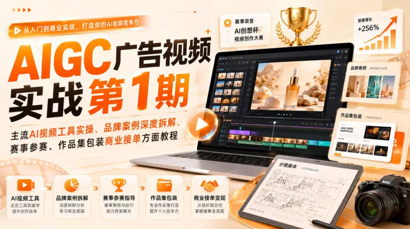 AIGC广告视频实战第1期，主流AI视频工具实操、品牌案例深度拆解、赛事参赛、作品集包装商业接单方面教程 一点学习助手-零基础自学教程-副业项目-兴趣学习-网盘拉新平台-英语启蒙项目资源网