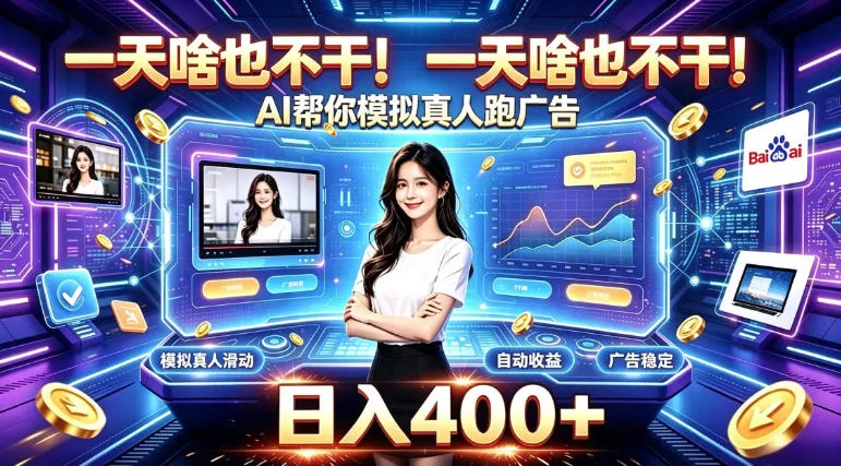 一天啥也不干！AI帮你模拟真人跑广告，稳定日入400+，实现真正被动变现【揭秘】 一点学习助手-零基础自学教程-副业项目-兴趣学习-网盘拉新平台-英语启蒙项目资源网