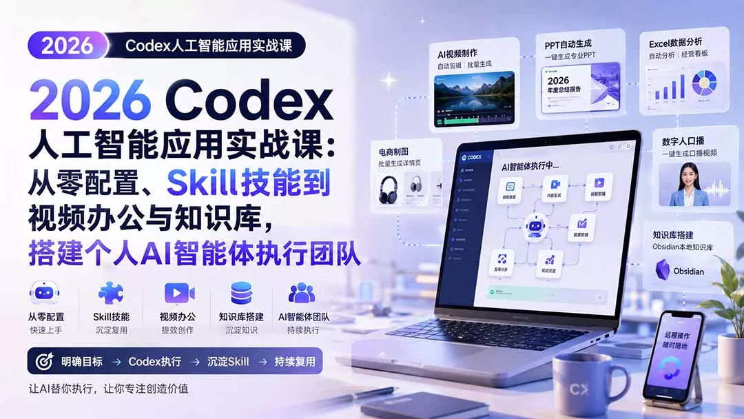 2026 Codex人工智能应用实战课：从零配置、Skill技能到视频办公与知识库，搭建个人AI智能体执行团队 一点学习助手-零基础自学教程-副业项目-兴趣学习-网盘拉新平台-英语启蒙项目资源网