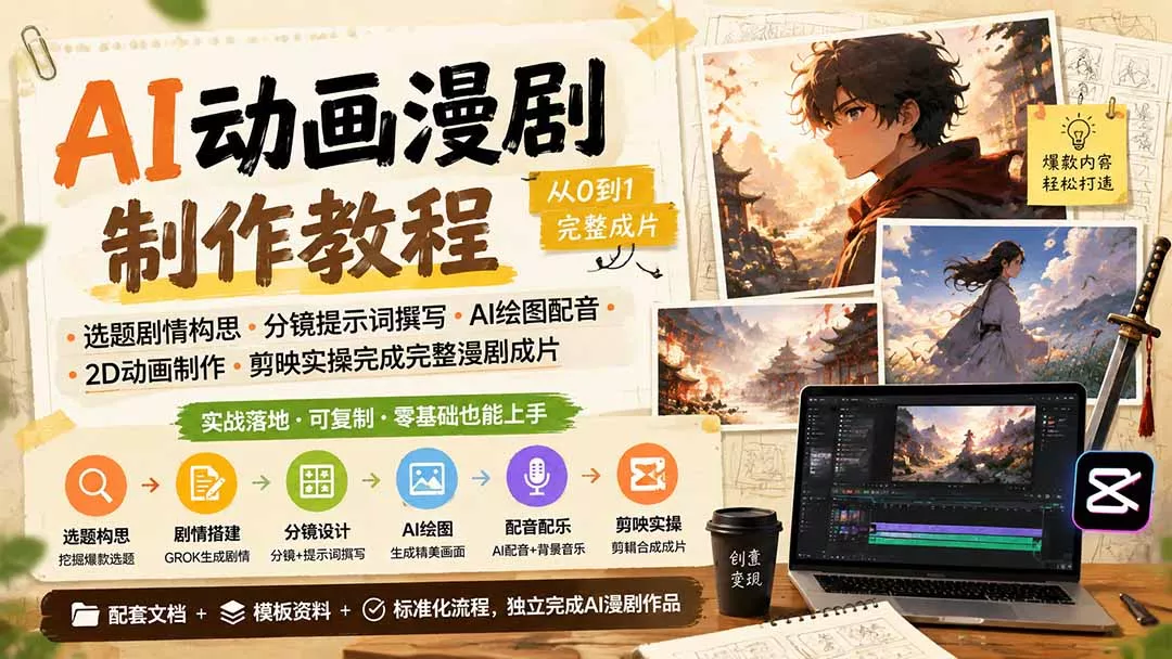 AI动画漫剧制作教程｜选题剧情构思·分镜提示词撰写·AI绘图配音·2D动画制作·剪映实操完成完整漫剧成片 一点学习助手-零基础自学教程-副业项目-兴趣学习-网盘拉新平台-英语启蒙项目资源网