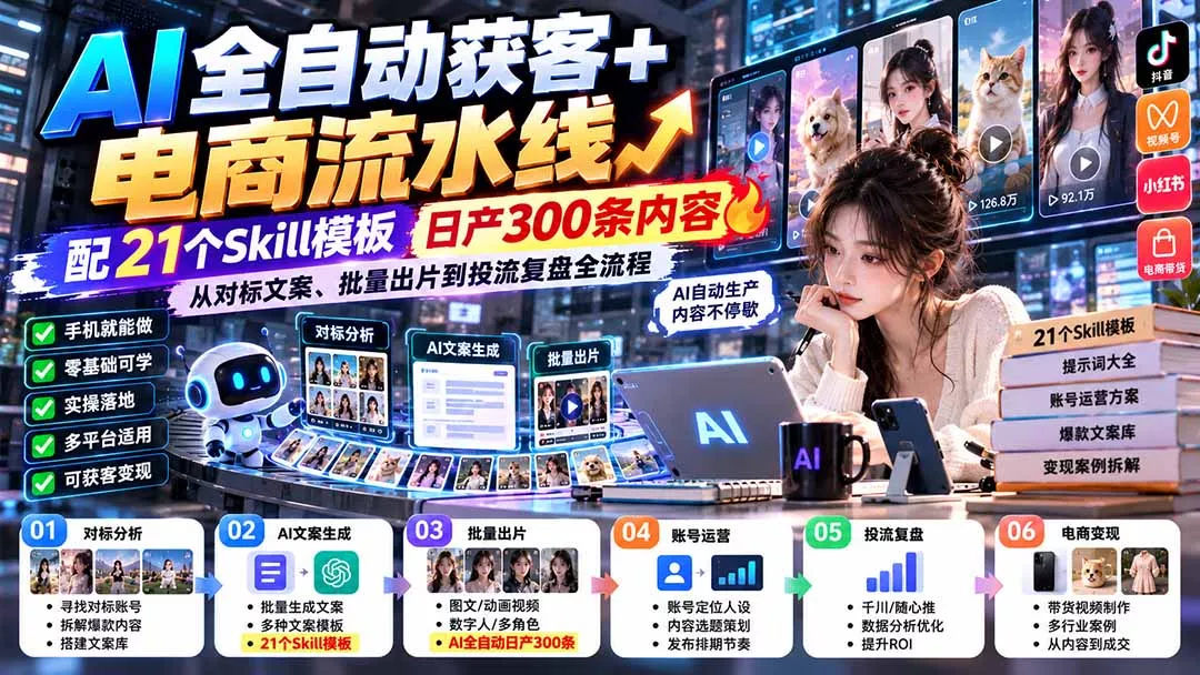 【无水印】AI全自动获客+电商流水线：配21个Skill模板，日产300条内容，从对标文案、批量出片到投流复盘全流程 一点学习助手-零基础自学教程-副业项目-兴趣学习-网盘拉新平台-英语启蒙项目资源网