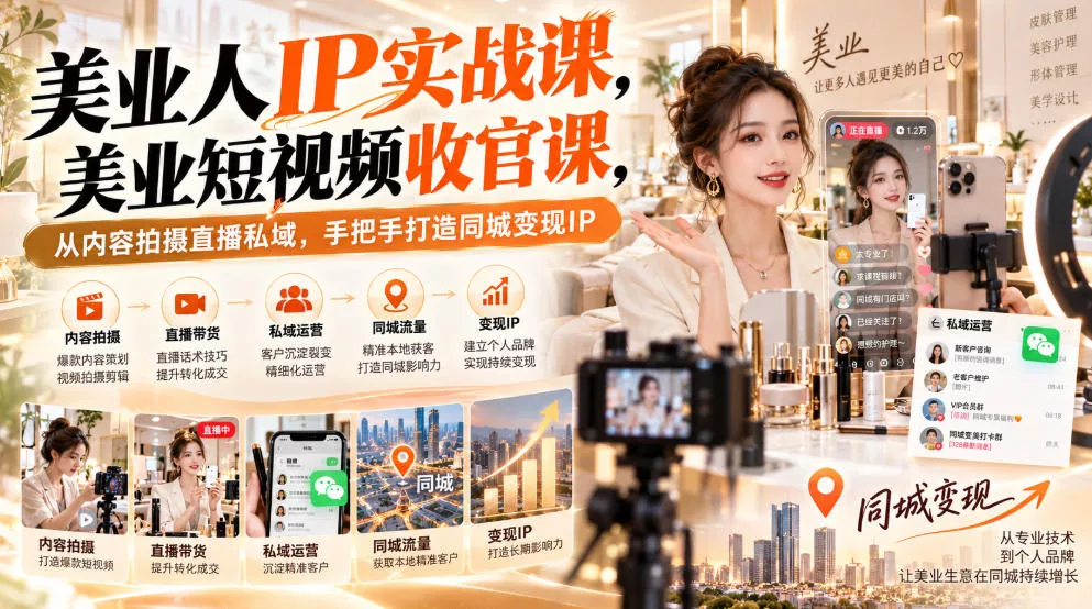 【无水印】美业人IP实战课，美业短视频收官课，从内容拍摄直播私域，手把手打造同城变现IP 一点学习助手-零基础自学教程-副业项目-兴趣学习-网盘拉新平台-英语启蒙项目资源网