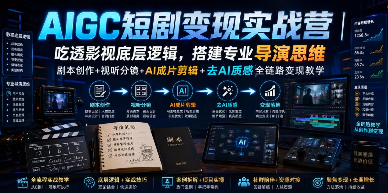 AIGC短剧变现实战营｜吃透影视底层逻辑，搭建专业导演思维，剧本创作+视听分镜+AI成片剪辑+去AI质感全链路变现教学 一点学习助手-零基础自学教程-副业项目-兴趣学习-网盘拉新平台-英语启蒙项目资源网