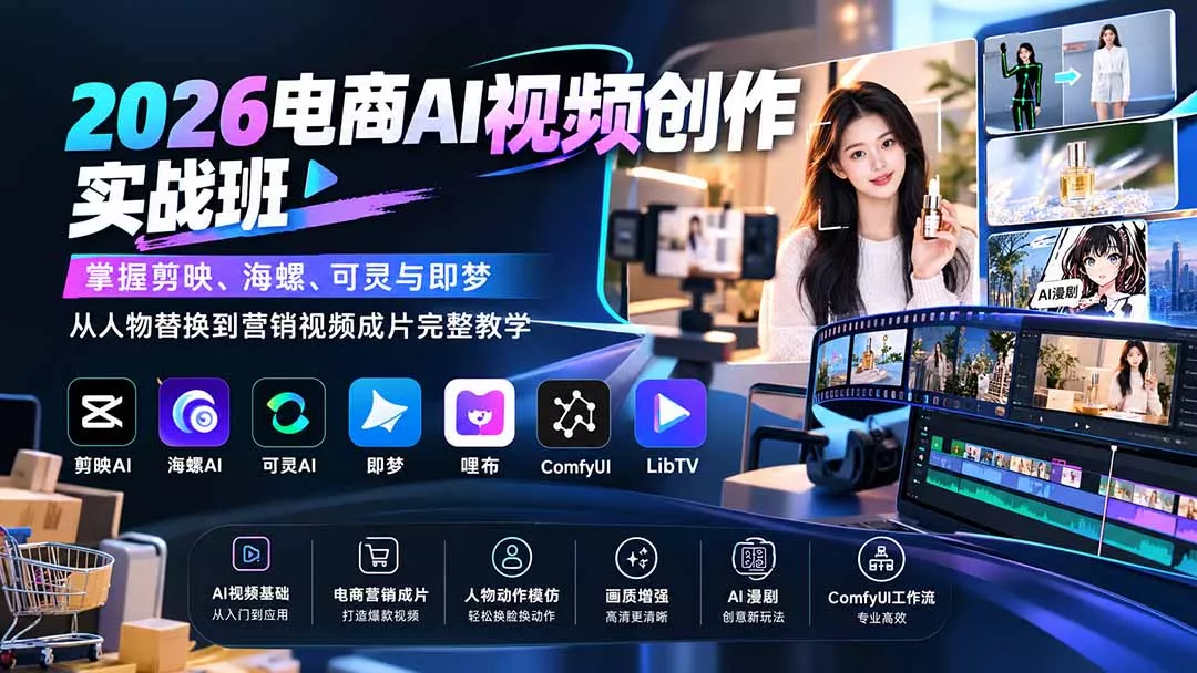 2026电商AI视频创作实战班：掌握剪映、海螺、可灵与即梦，从人物替换到营销视频成片完整教学 一点学习助手-零基础自学教程-副业项目-兴趣学习-网盘拉新平台-英语启蒙项目资源网