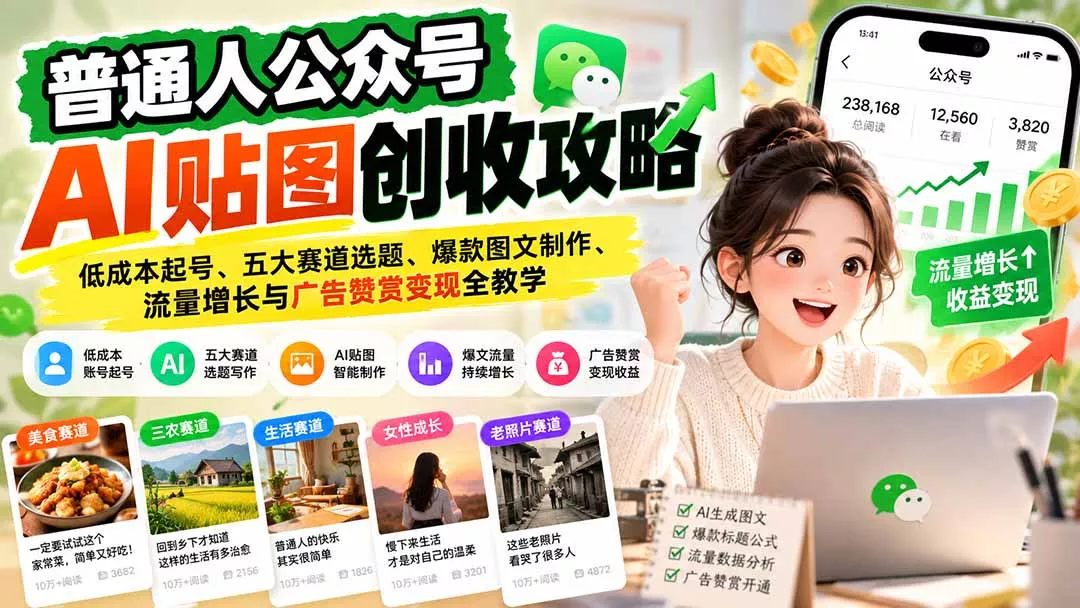 普通人公众号AI贴图创收攻略：低成本起号、五大赛道选题、爆款图文制作、流量增长与广告赞赏变现全教学 一点学习助手-零基础自学教程-副业项目-兴趣学习-网盘拉新平台-英语启蒙项目资源网